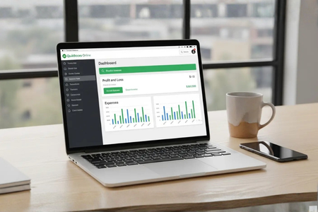 A detailed user interface of QuickBooks bookkeeping software showing the Customers sales tab, navigation sidebar, and financial status bars for open and paid invoices.