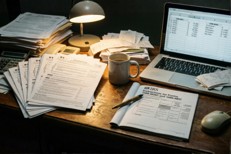A cluttered accountant's desk shot from slightly above. A stack of partially filled W-9 forms fanned out, a cold coffee with a ring stain on the desk surface, a pen resting on an open IRS instruction booklet, and a laptop screen showing a spreadsheet with two columns labeled "1099-NEC" and "1099-MISC" with rows of contractor names and dollar amounts. Warm desk lamp light. No people. Photorealistic editorial photography style, shallow depth of field, high resolution.