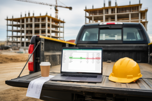 A worn contractor's work truck tailgate used as a makeshift desk in the foreground. An open laptop showing a QuickBooks job profitability dashboard with green and red project margin bars, a crumpled lumber receipt partially smoothed out next to it, a yellow hard hat resting to the side, and a styrofoam coffee cup with a lid. In the background, two partially constructed multi-story buildings with exposed steel framing and scaffolding, construction cranes visible against an overcast sky. Natural dusty job site atmosphere. Shot from slightly above at a 45-degree angle. No people. Photorealistic, editorial commercial photography style, high resolution, shallow depth of field with background softly blurred.