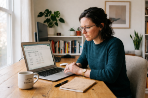 Woman working on a laptop with financial spreadsheets at a desk in a home office