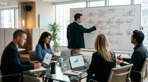 A business professional presenting data charts and KPI growth metrics on a digital screen to a seated team.