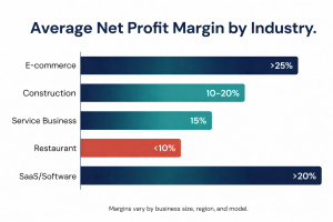Bar chart comparing average net profit margins across e-commerce, construction, service business, restaurant, and SaaS industries