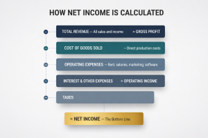 Diagram showing how net income is calculated from revenue, cost of goods sold, operating expenses, interest, and taxes