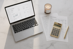 Laptop displaying financial reports beside printed statements, a calculator, and a pen on a desk