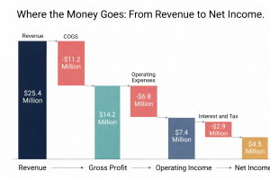 Chart showing how revenue is reduced by COGS, operating expenses, and interest and tax to reach net income