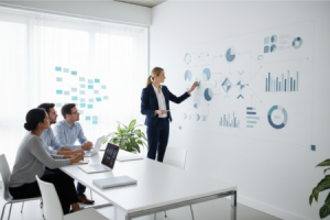 A professional team in a modern office analyzing a complex business workflow diagram on a whiteboard.